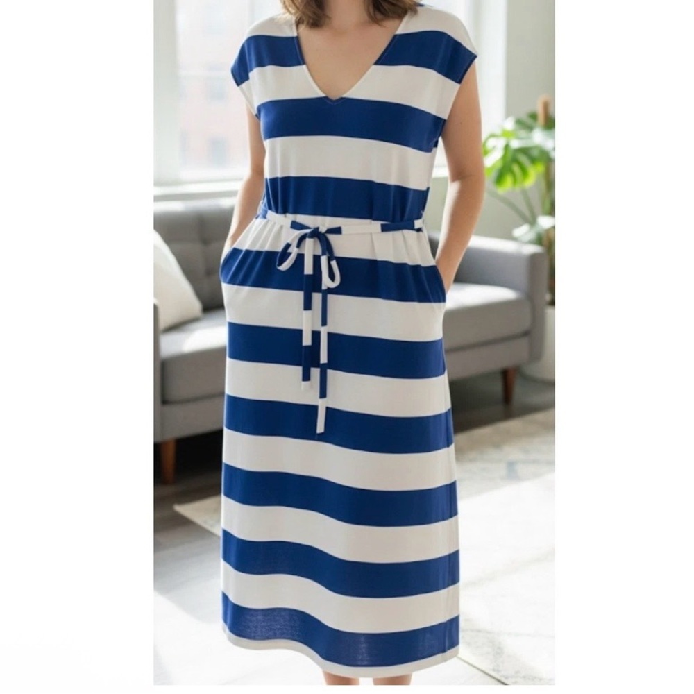 Cato Blue and White Striped V-Neck Midi Dress - Picture 1 of 8
